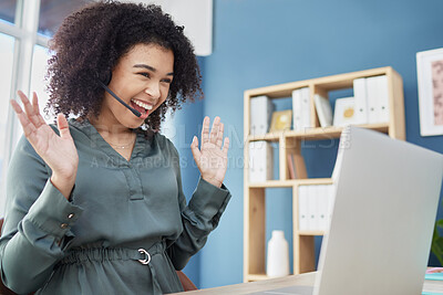 Buy stock photo Winner, black woman and call center success excited, smile and happy with laptop in webinar or video call. Employee, work from home and in online meeting or help customer or celebrate project outcome