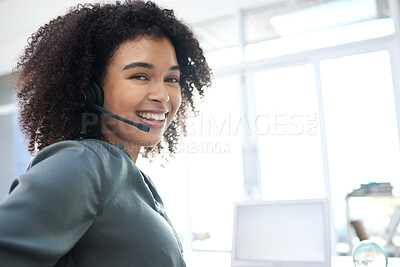 Buy stock photo Customer service, call center and smile with woman consultant working with laptop and mockup for telemarketing, communication and contact. Vision, support and goals with sales and employee in office