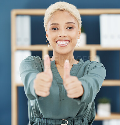 Buy stock photo Thumbs up, success and work support hand sign worker in a office of a happy business woman. Portrait of winner motivation, thank you and proud win hands gesture with a smile and corporate happiness 