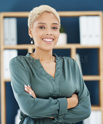 Buy stock photo Happy, proud and black business woman success of a entrepreneur in a office. Portrait of a startup manager from New York ready to start working on leadership vision and company growth with a smile