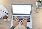 Business, woman and typing on laptop top view at table for professional internet communication. Corporate career girl busy with email template on keyboard at office workplace desk with mockup.