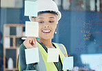 Building engineer, construction worker or sticky notes writing for engineering woman with smile, motivation or property vision. Happy development employee, helmet or planning real estate architecture