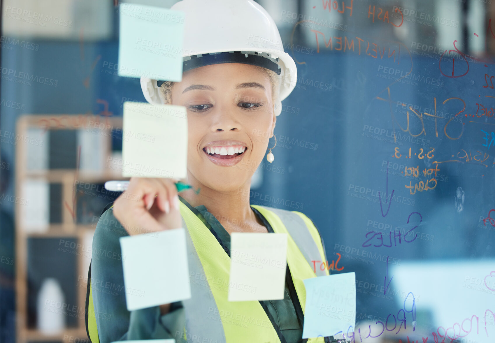 Buy stock photo Building engineer, construction worker or sticky notes writing for engineering woman with smile, motivation or property vision. Happy development employee, helmet or planning real estate architecture