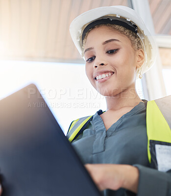 Buy stock photo Construction, manager and black woman worker with a tablet logging data and information. Building boss, digital and internet work of a management leader using technology for architecture planning