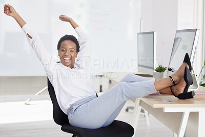 Buy stock photo Happy, freedom celebrate and black business woman after a office work day feeling happiness. Success, free and proud mindset celebrating career, job and staff working computer project finished