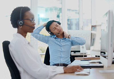 Buy stock photo Call center, businessman and neck pain, stress and injury at office desk in sales agency. Worker burnout, joint pain problem and young asian consultant stretching body posture, health risk or anxiety