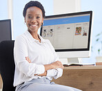 Portrait of a happy black woman doing business on a computer in her modern office. Smile, career and professional manager or entrepreneur sitting with arms crossed in a startup marketing workspace