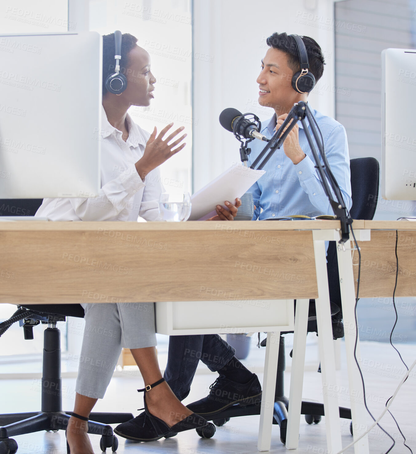 Buy stock photo Business podcast, media interview and radio blog live streaming for corporate news show, broadcast conversation and audio discussion. Professional presenter hosting internet office talk on microphone