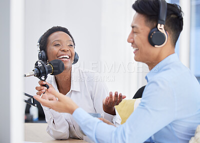 Buy stock photo Happy podcast, web interview or digital radio woman presenter working with employee for media. Internet voice, speaker or influencer with microphone for business, online startup or corporate idea