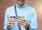 Hands, phone and city travel with coffee on morning work commute to company interview or on break. Zoom, smile and happy businessman with 5g social media or communication technology with takeaway tea