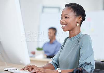 Buy stock photo Employee, business woman and computer working in a startup office. Smile and corporate entrepreneur happy while typing email and reading online report with research or planning in a corporate company
