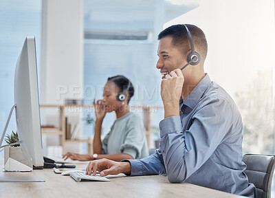 Buy stock photo Call center, crm and phone call in office with man, woman and headphones for communication in customer service. Help, telemarketing and smile in customer support by computer, pc and keyboard at desk
