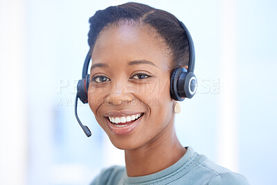 Buy stock photo Call center, customer support and portrait of black woman working in modern office. Crm, ecommerce sales and happy telemarketing agent consulting online with communication on microphone headset.