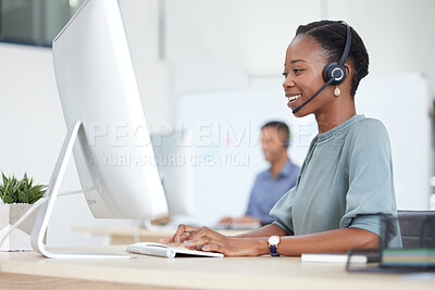 Buy stock photo Call center black woman, contact us or CRM consultant with smile for help, telemarketing or consulting customer. Customer service, support or girl working or consultation  employee working in office