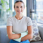 Portrait of cleaning woman with gloves in living room happy, smile and satisfied after interior housekeeping of home. Cleaning service, arms crossed and cleaner with pride after apartment maintenance