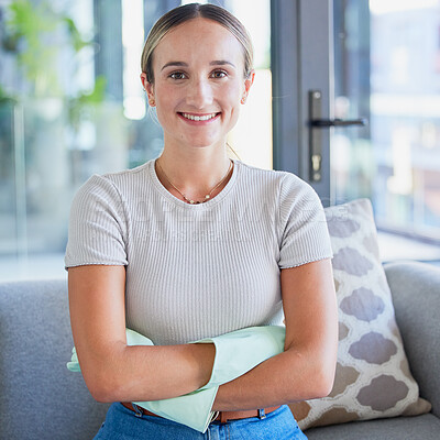 Buy stock photo Portrait of cleaning woman with gloves in living room happy, smile and satisfied after interior housekeeping of home. Cleaning service, arms crossed and cleaner with pride after apartment maintenance