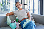 Sofa, cleaning service and business woman in portrait with cleaner product basket and house living room work with home trust. Entrepreneur, small business owner or startup for clean success career