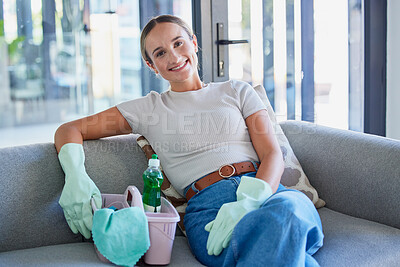 Buy stock photo Sofa, cleaning service and business woman in portrait with cleaner product basket and house living room work with home trust. Entrepreneur, small business owner or startup for clean success career