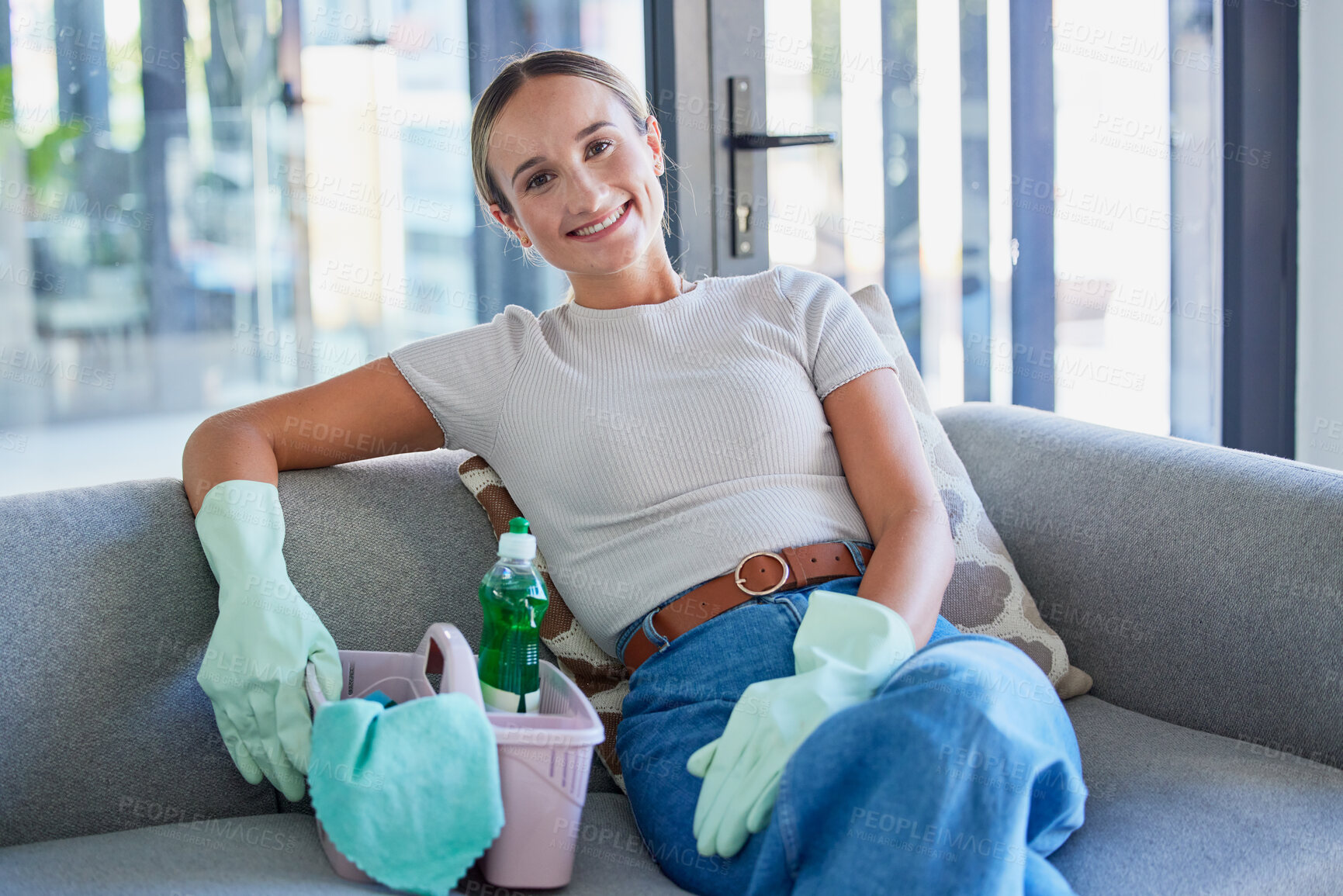 Buy stock photo Sofa, cleaning service and business woman in portrait with cleaner product basket and house living room work with home trust. Entrepreneur, small business owner or startup for clean success career