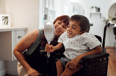 Buy stock photo Woman, child disability and mirror in salon for self love happy with service after barber, hairdresser or stylist cuts hair. Disabled, cerebral palsy and handicap or special needs boy in wheelchair.