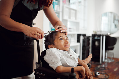 Buy stock photo Hair, cut and young disability child at a grooming, hairdressing or barber salon for hair care service appointment. Help, support and hands of hairdresser cutting physical disabled kid in wheelchair