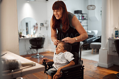 Buy stock photo Hairdresser, barber and disability for child in wheelchair in salon, parlour or barbershop. Stylist, woman and happy for service to disabled kid with cerebral palsy in shop, store or small business