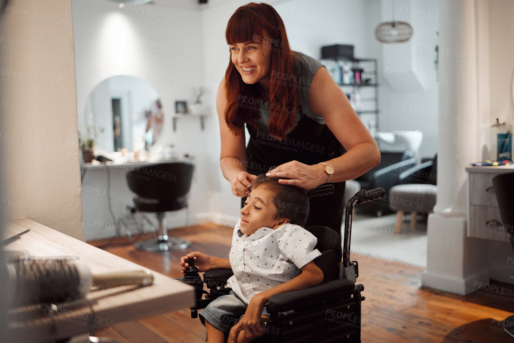 Buy stock photo Hairdresser, barber and disability for child in wheelchair in salon, parlour or barbershop. Stylist, woman and happy for service to disabled kid with cerebral palsy in shop, store or small business