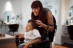 Woman, salon and smile with disability child in wheelchair for haircut. Happy, boy and girl hairdresser for cleaning, cut and styling disabled kid hair at professional barber store in New York