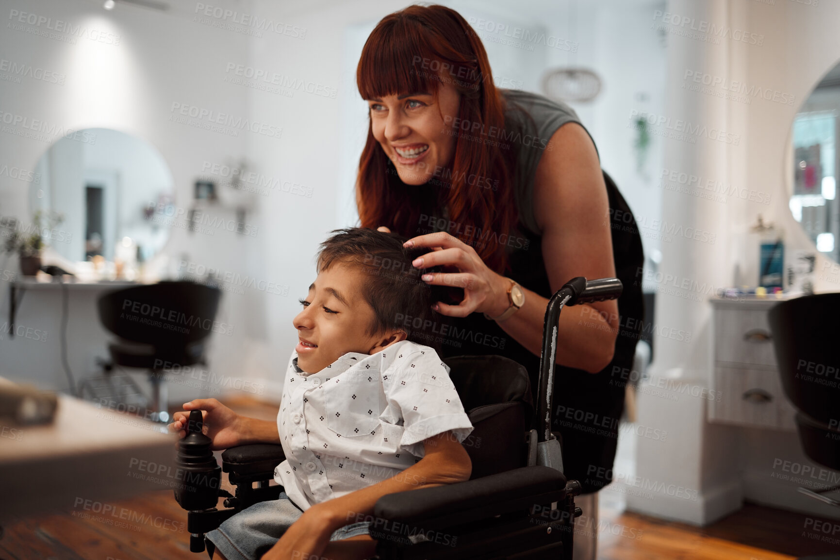 Buy stock photo Woman, salon and smile with disability child in wheelchair for haircut. Happy, boy and girl hairdresser for cleaning, cut and styling cerebral palsy kid hair at professional barber store in New York