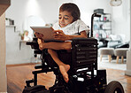 Wheelchair, disability and child with tablet smile for learning, video or games in home. Cerebral palsy, boy and disabled use tech on internet, app or web for development of brain, mind and education