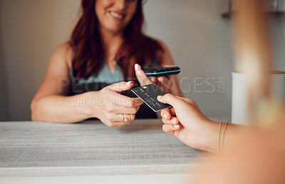 Buy stock photo Credit card, machine and retail with client for customer service and easy, safe or pos payment. Fintech, ecommerce and small business owner or professional worker on rfid system 5g network technology