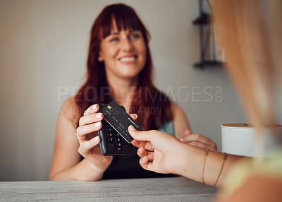 Buy stock photo Credit card, cafe customer and rfid payment at cashier, waiter service and point of sale machine. Worker hands process finance, money and retail shopping, cash register and fintech pos in coffee shop