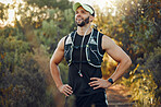 Sports rest, running and forest fitness man body wellness, training motivation and exercise in Australia nature outdoors. Happy, workout and healthy hiking athlete, trail runner and breathing break