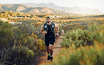 Runner, fitness or nature workout on mountains path, countryside landscape or sustainability environment. Sports man, athlete or running for health exercise, wellness workout or heart cardio training