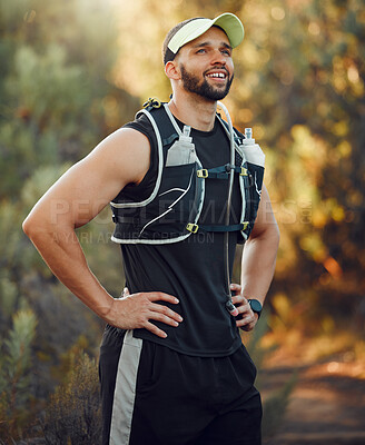 Buy stock photo Man, hiking and proud on mountain for break, breathe or rest in workout, fitness and run. Runner, hiker and relax tired body in training, sports and health on adventure in summer in Australia nature