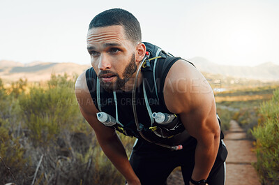 Buy stock photo Sweating, breathing and tired fitness man running outdoors with fatigue, body challenge and struggle for exercise. Male runner athlete, mental break and nature trail rest to breathe in mindset focus