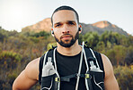 Man, fitness and hiking in mountains, nature environment and Colorado countryside landscape in summer. Portrait, hiker and athlete in fitness workout, wellness training and health exercise motivation