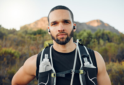 Buy stock photo Man, fitness and hiking in mountains, nature environment and Colorado countryside landscape in summer. Portrait, hiker and athlete in fitness workout, wellness training and health exercise motivation