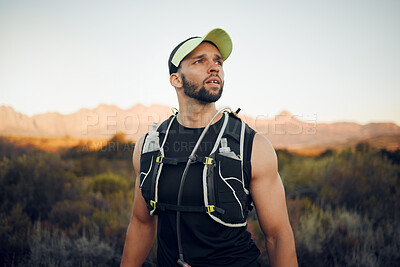 Buy stock photo Wellness, man and athlete focus in nature for exercise, view and training in sportswear outdoor. Healthy, young male and trainer calm enjoy natural workout warm up, doing fitness and health thinking