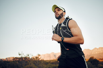 Buy stock photo Health, man runner and in nature for wellness, training and fitness with sportswear being focus. Exercise, young male athlete and running outdoor for healthy, cardio and workout warm up and fresh air