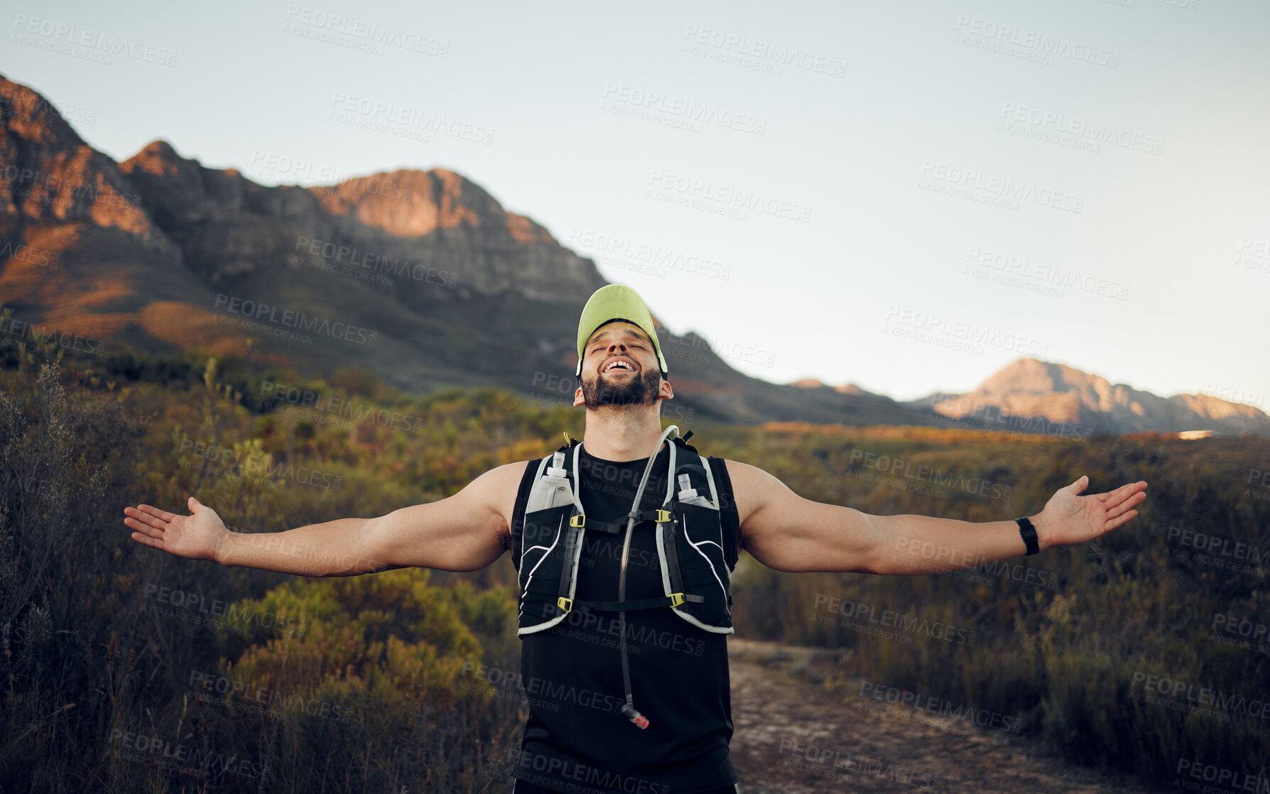 Buy stock photo Fitness, achievement and winner of a man in nature embracing freedom and victory in the outdoors. Active male in sports adventure, exercise and workout success for healthy wellness and fresh air