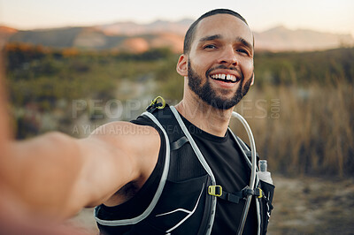 Buy stock photo Hiking, selfie or travel with man in nature for freedom, social media and mountain forest in Australia holiday adventure. Workout, fitness or health with exercise, blog for summer or wellness sports