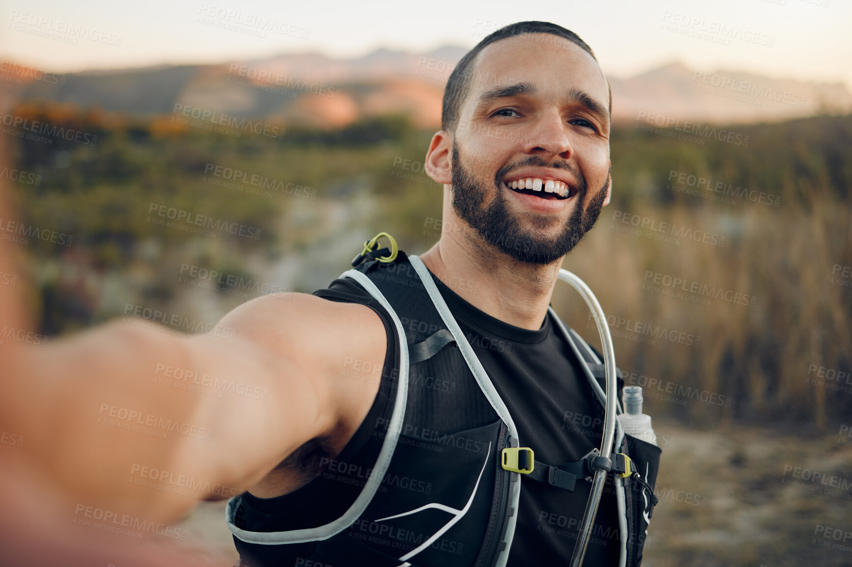 Buy stock photo Hiking, selfie or travel with man in nature for freedom, social media and mountain forest in Australia holiday adventure. Workout, fitness or health with exercise, blog for summer or wellness sports