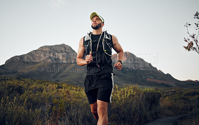 Buy stock photo Fitness man running exercises alone in nature outdoor on a sunny day. Muscular male runner with sportswear run with speed, endurance and cardio with strength training, hike or workout during sunset