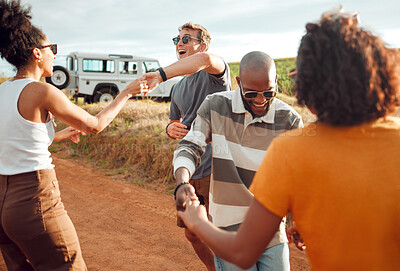 Buy stock photo Road trip, travel and friends dancing together celebration for holiday journey, outdoor vacation and adventure lifestyle with car. Happy diversity couple dance by countryside road in summer with love