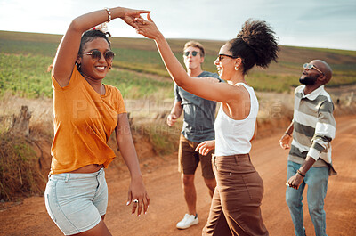 Buy stock photo Dance, singing and friends walking in nature on holiday in the countryside of Kenya together in summer. Happy, relax and dancing people being playful on a vacation in the countryside to relax