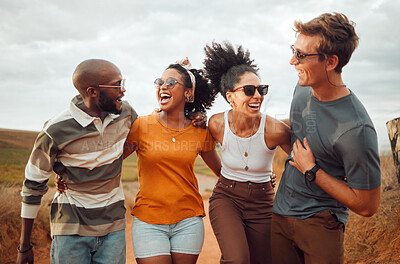Buy stock photo Happy, diversity and friends on a safari holiday or vacation trip outdoors in Australia as a young group. Funny women, memory and excited people enjoy laughing, adventure and nature with freedom