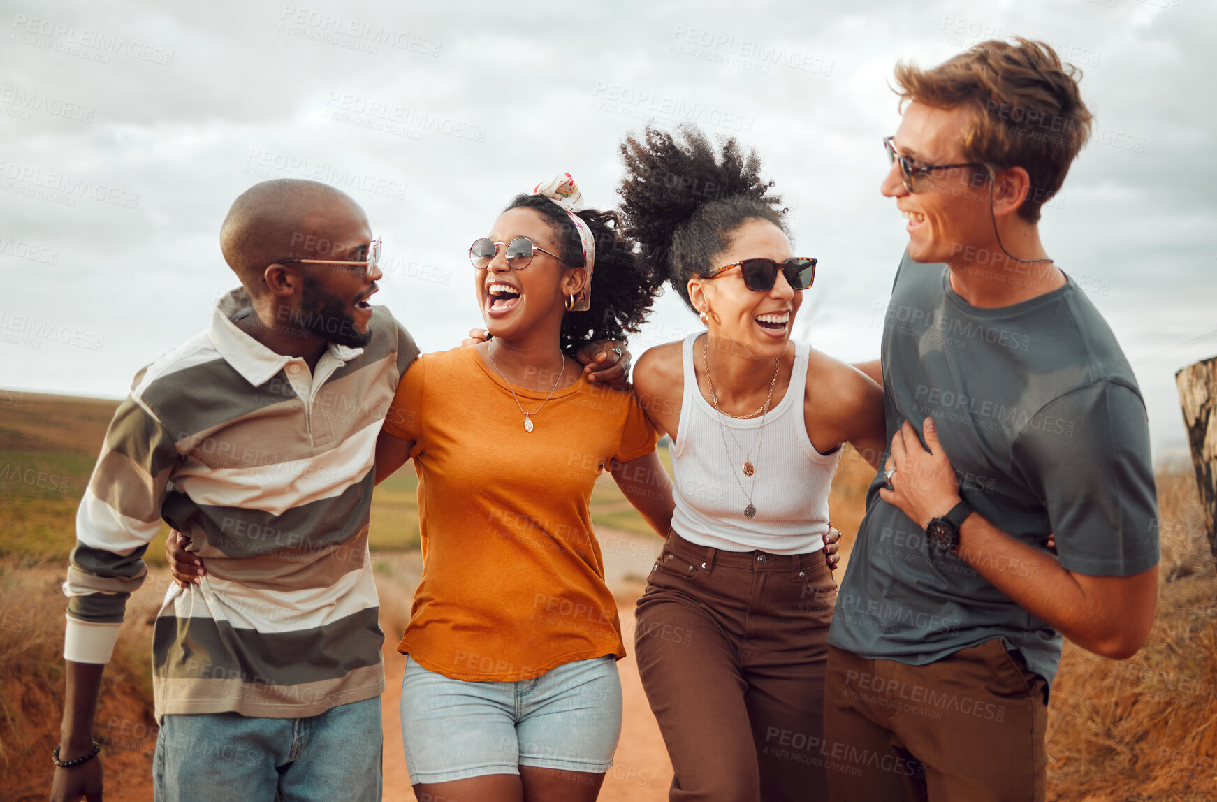 Buy stock photo Happy, diversity and friends on a safari holiday or vacation trip outdoors in Australia as a young group. Funny women, memory and excited people enjoy laughing, adventure and nature with freedom
