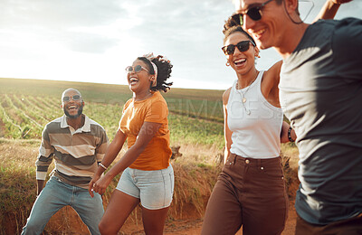 Buy stock photo Friends, travel and happy on road trip in countryside, farm and agriculture land together for nature, relax and bonding holiday. Diversity, group and people on adventure in summer, vacation and smile