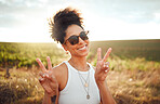 Black woman smile, peace hand sign and happy countryside nature at summer sunset. African American girl, portrait of calm young beauty and happiness on a travel holiday trip to South Africa wine farm